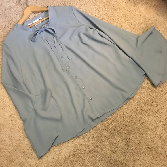 Pale Periwinkle Blue Bow Collar Bell Sleeve Button Down Evelina Blouse - Picture 11 of 16